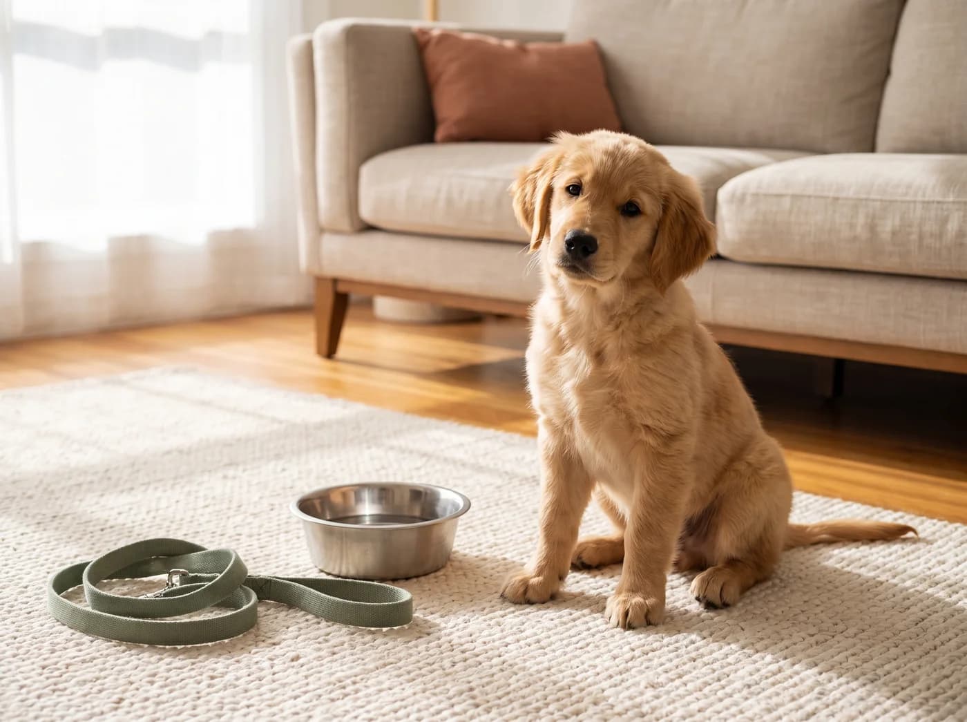 A puppy beside a bowl and leash in a home