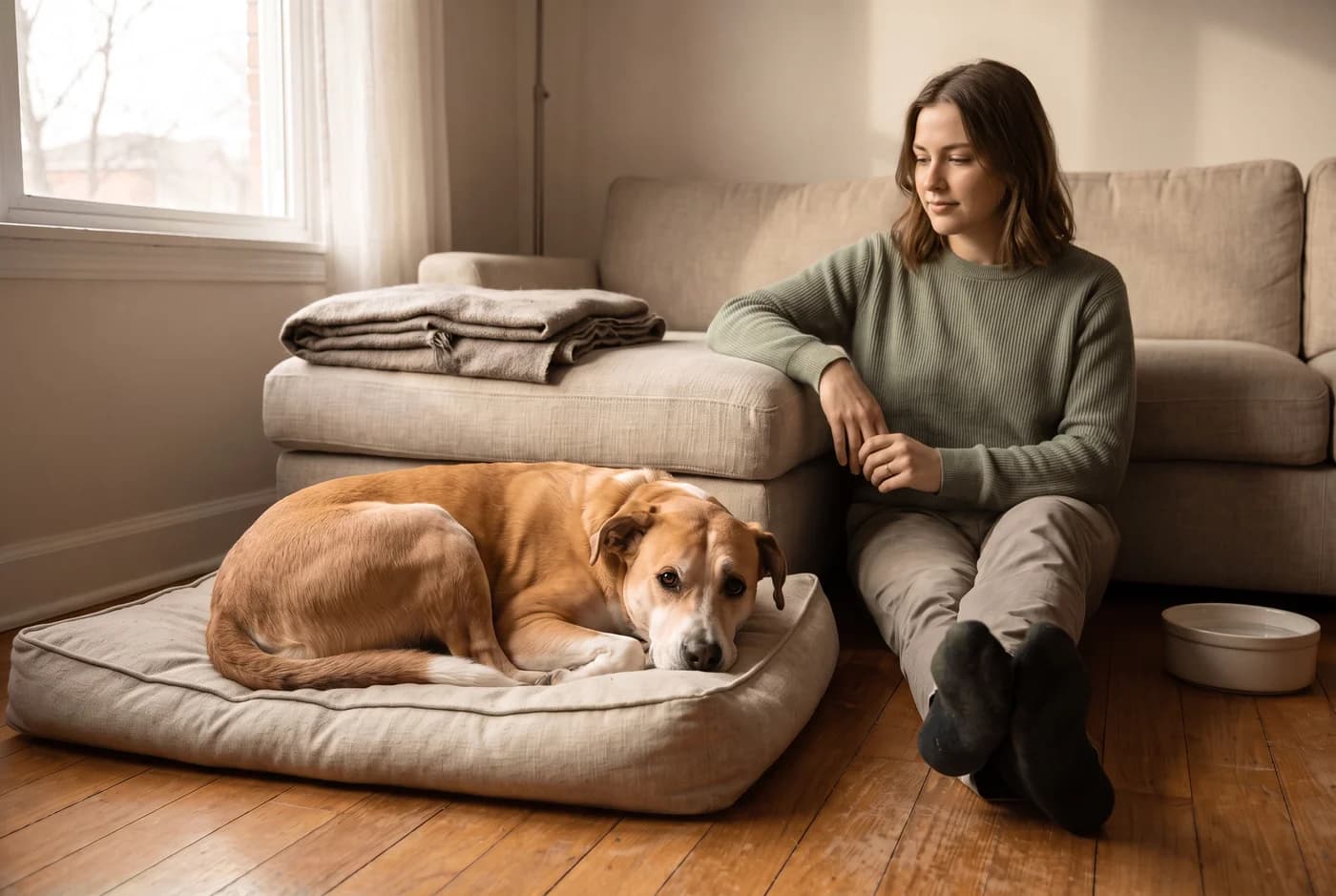An adult dog resting near its owner at home